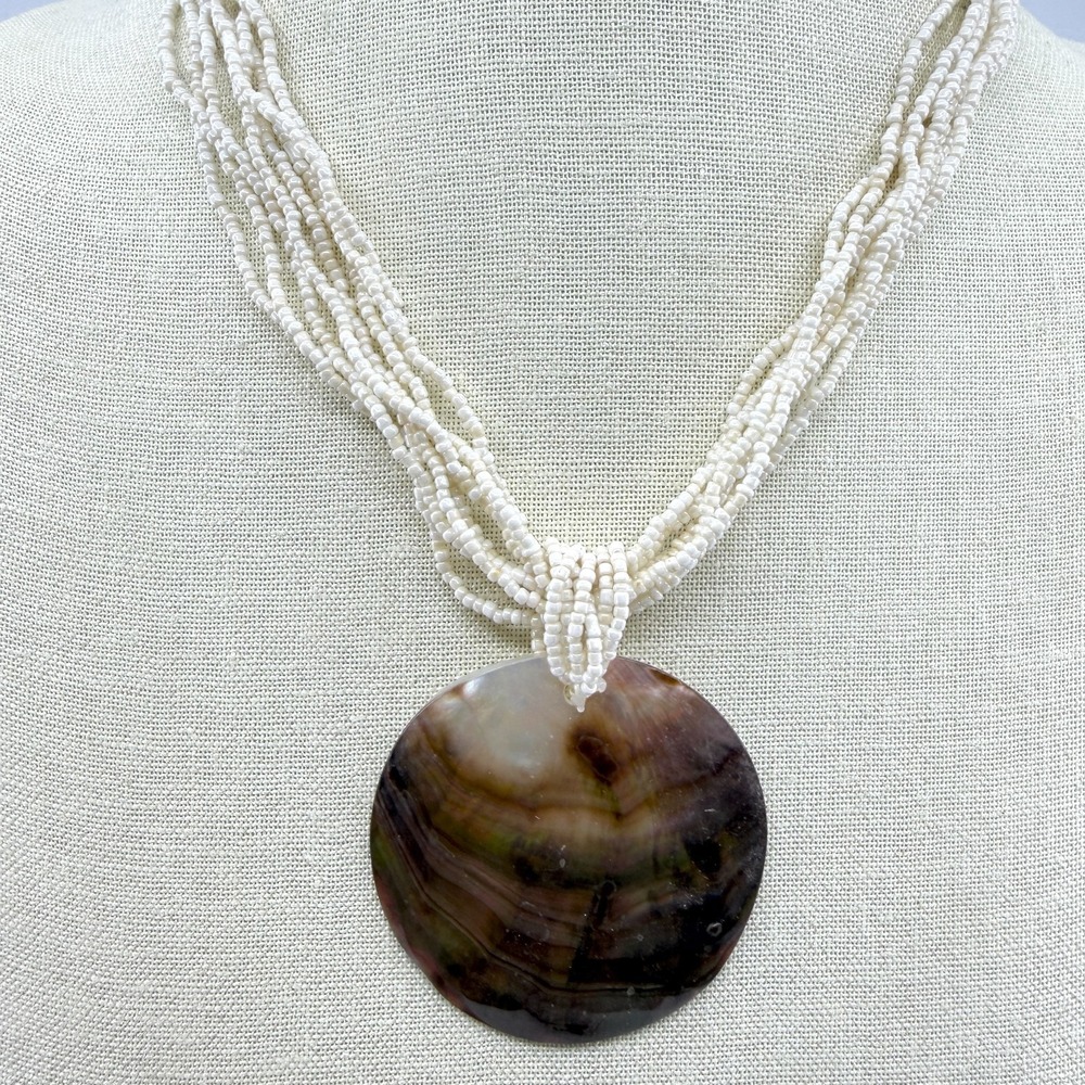 Multi-Strand White Seed Bead Necklace with Iridescent Shell Statement Pendant